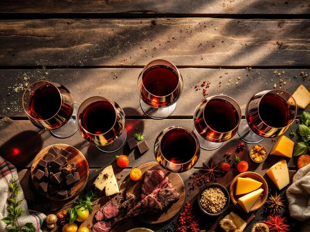 Vijf glazen rode Zuid-Amerikaanse wijn met chocolade, vlees, fruit, kaas en kruiden op rustiek hout
