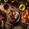 Drie wijnspijs combinaties op rustieke houten tafel: rode wijn met biefstuk, witte wijn met vis, rosé met groenten