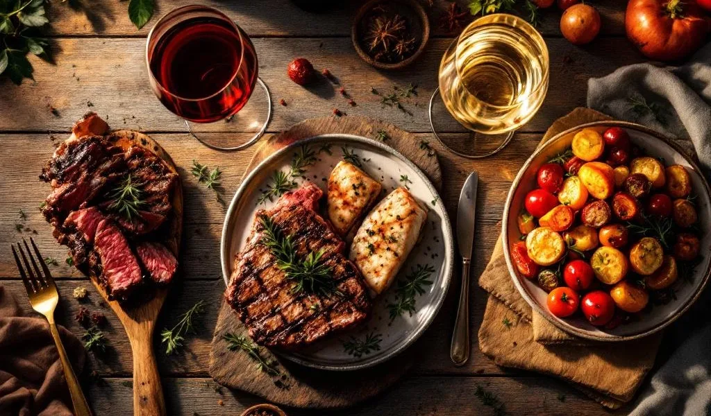 Drie wijnspijs combinaties op rustieke houten tafel: rode wijn met biefstuk, witte wijn met vis, rosé met groenten