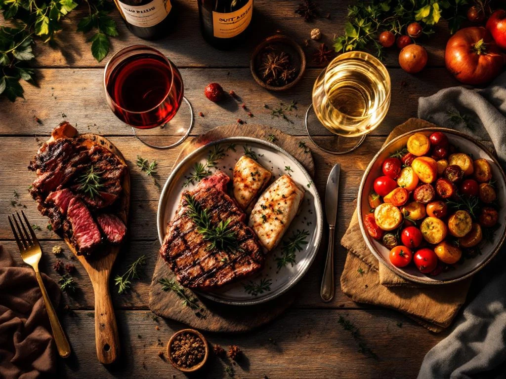 Drie wijnspijs combinaties op rustieke houten tafel: rode wijn met biefstuk, witte wijn met vis, rosé met groenten