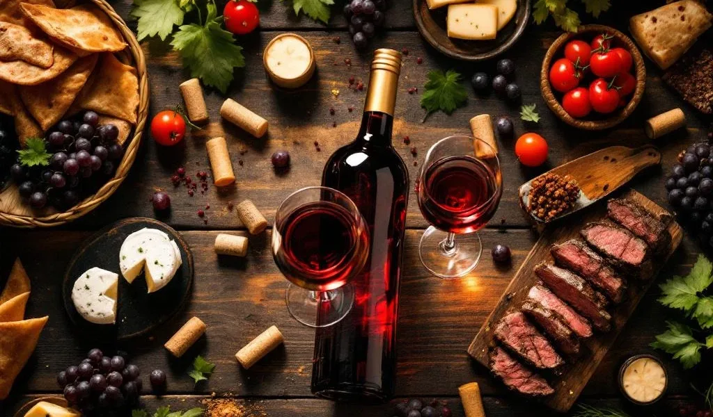 Overhead shot van rode Zuid-Amerikaanse wijn met gegrilde vlees, empanadas en kaas op rustiek hout