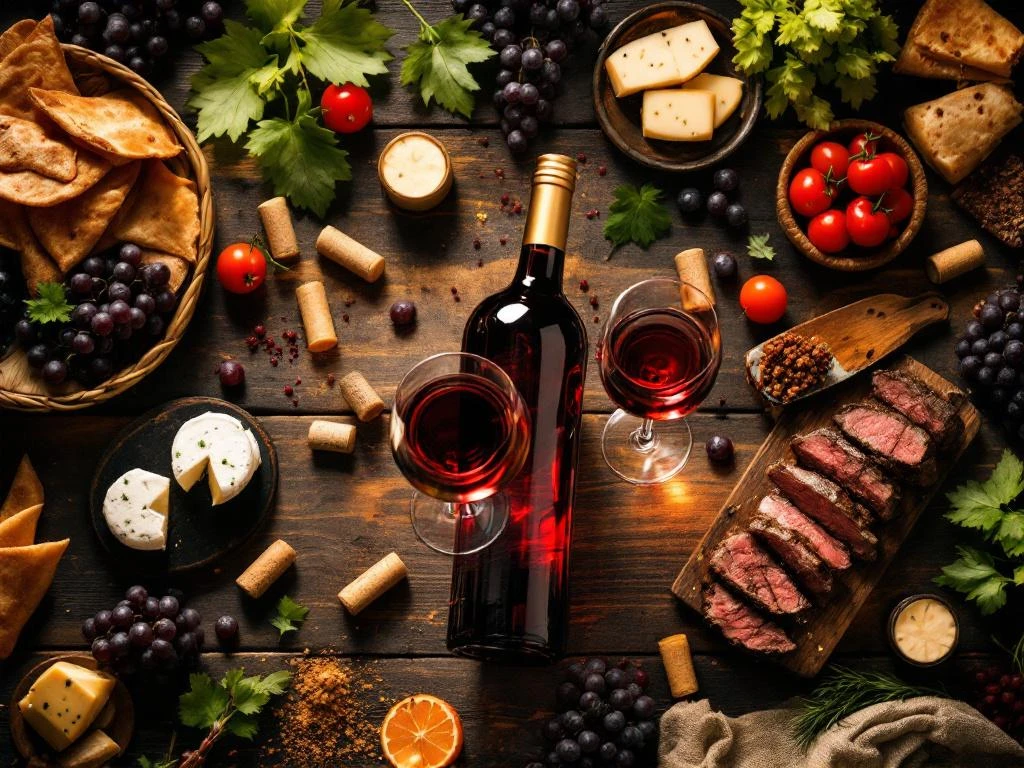 Overhead shot van rode Zuid-Amerikaanse wijn met gegrilde vlees, empanadas en kaas op rustiek hout