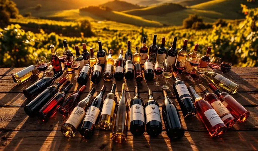 Luchtfoto van wijnflessen in elegante lijnen op houten oppervlak met Zuid-Amerikaanse wijngaard op achtergrond