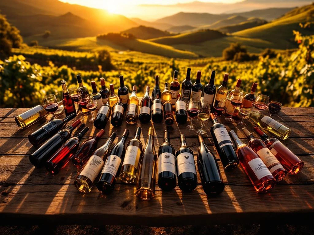 Luchtfoto van wijnflessen in elegante lijnen op houten oppervlak met Zuid-Amerikaanse wijngaard op achtergrond