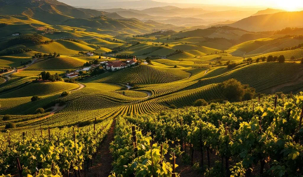 Luchtfoto van uitgestrekte wijngaarden met georganiseerde druivenrijen over heuvels en valleien in gouden zonlicht