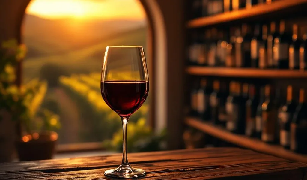 Elegant wijnglas met rode wijn in luxe kelder met houten planken vol flessen en Zuid-Amerikaanse wijngaard op achtergrond