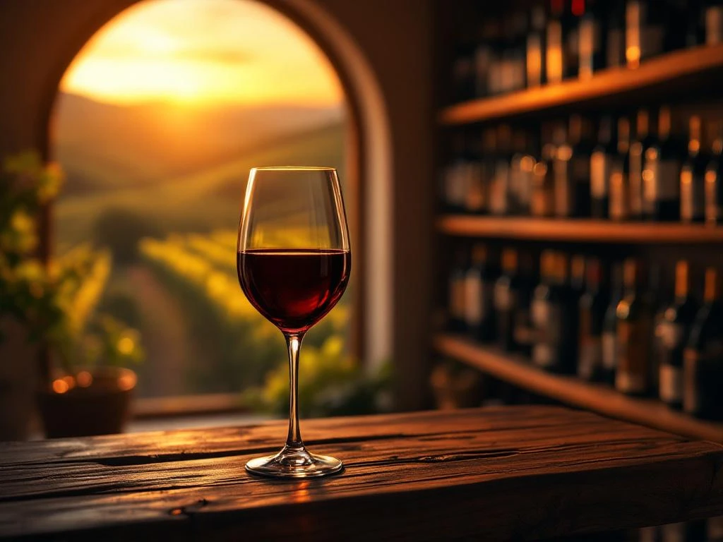 Elegant wijnglas met rode wijn in luxe kelder met houten planken vol flessen en Zuid-Amerikaanse wijngaard op achtergrond