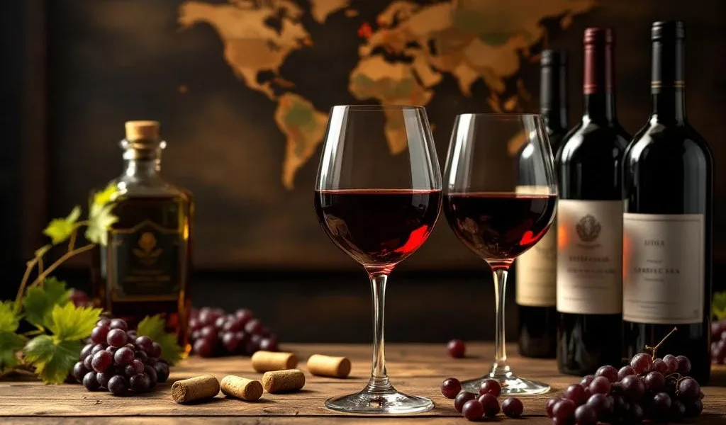 Elegante wijnglazen met rode wijn op rustieke houten tafel met wereldkaart, vintage flessen en druiventrossen