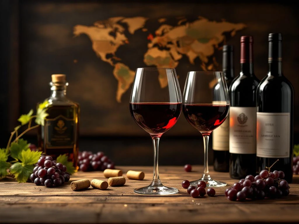 Elegante wijnglazen met rode wijn op rustieke houten tafel met wereldkaart, vintage flessen en druiventrossen