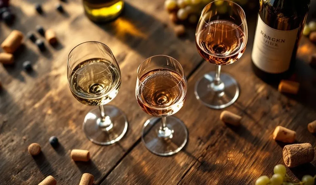 Wijnproeverij opstelling met Nederlandse wijnen in glazen op rustieke houten tafel, warme verlichting, druiven op achtergrond