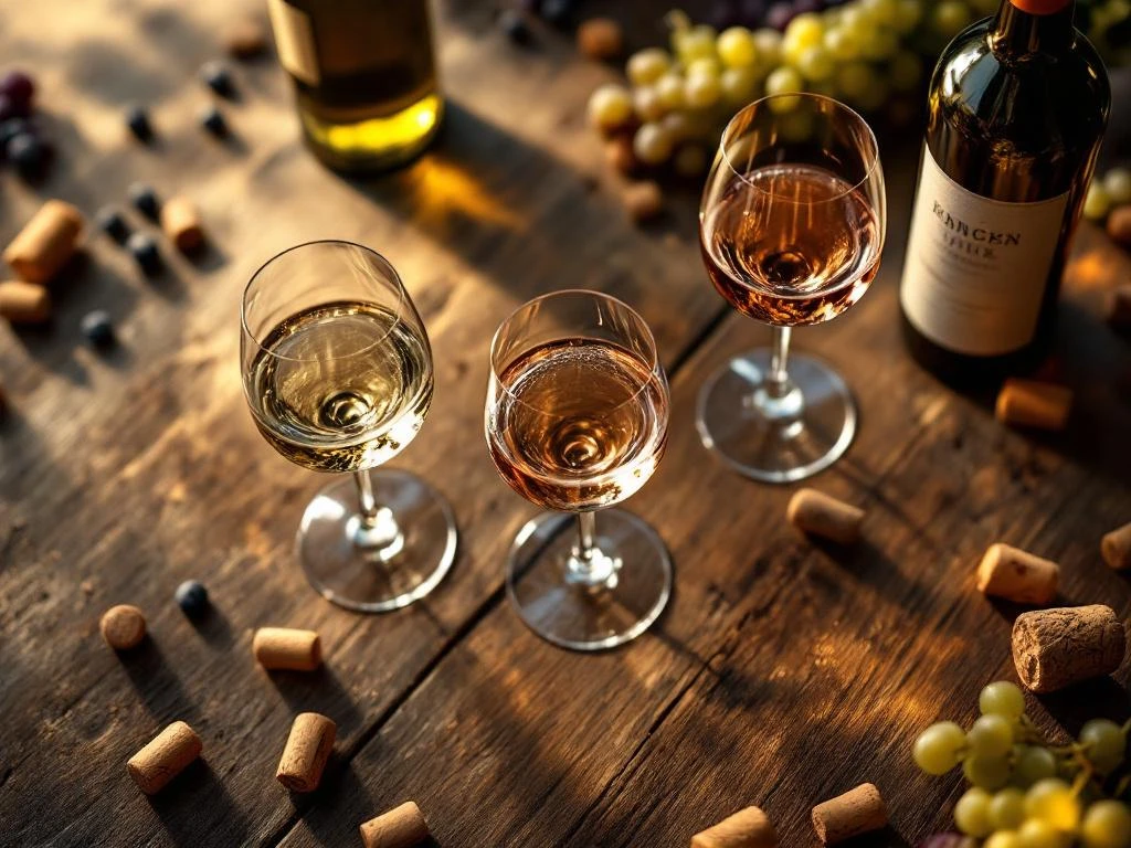 Wijnproeverij opstelling met Nederlandse wijnen in glazen op rustieke houten tafel, warme verlichting, druiven op achtergrond