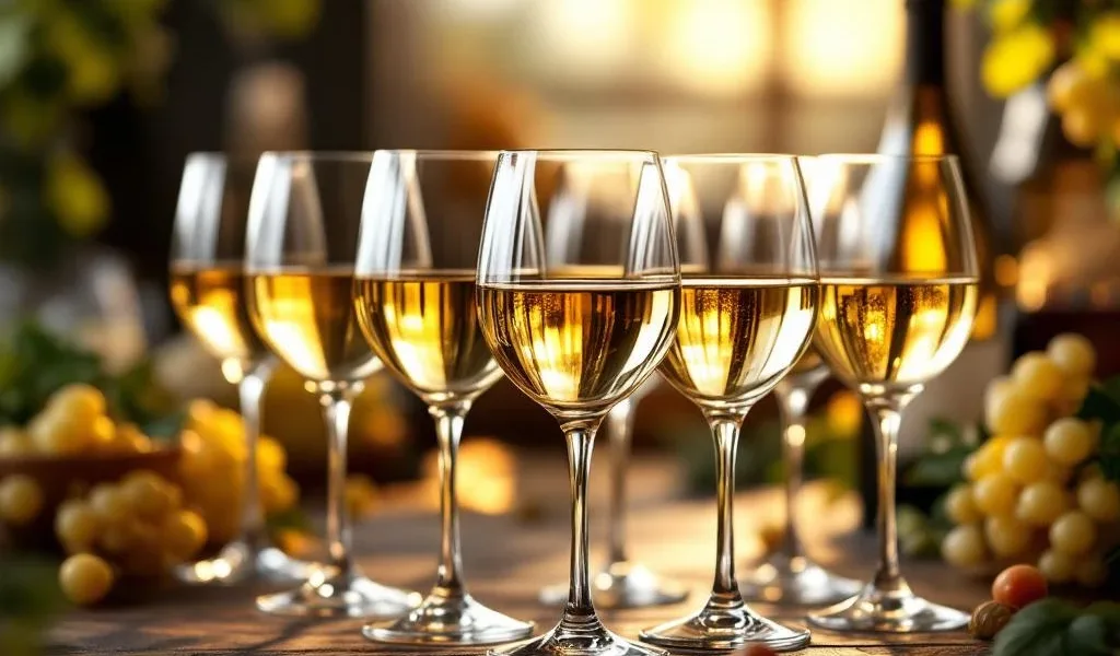 Witte wijnglazen in halve cirkel met verschillende gouden en gele wijntinten op donker houten oppervlak