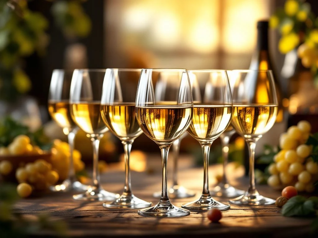 Witte wijnglazen in halve cirkel met verschillende gouden en gele wijntinten op donker houten oppervlak