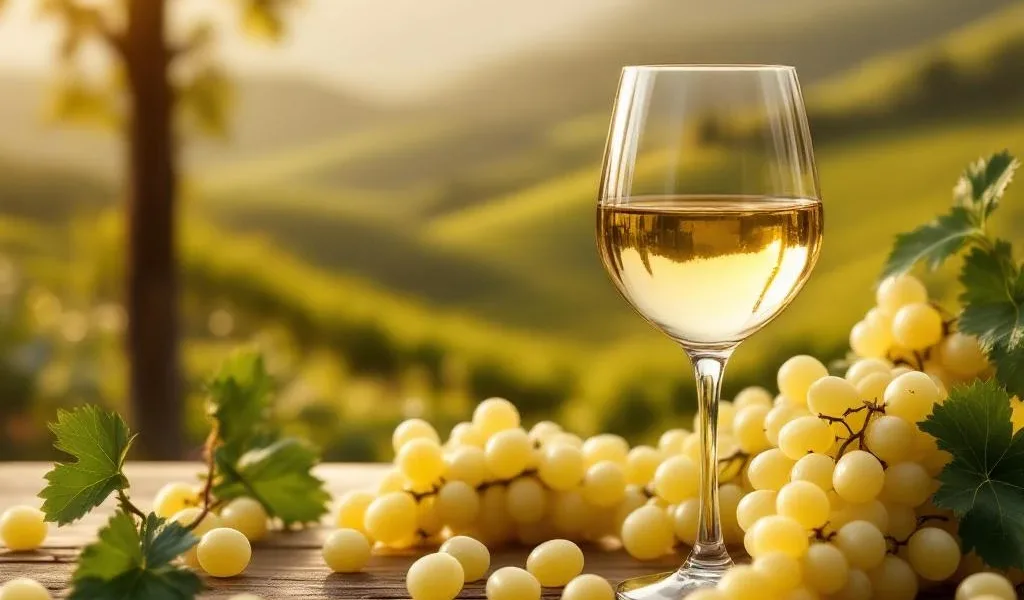 Elegante witte wijnglazen gevuld met gouden wijn op rustieke houten tafel met druiven en wijngaard achtergrond