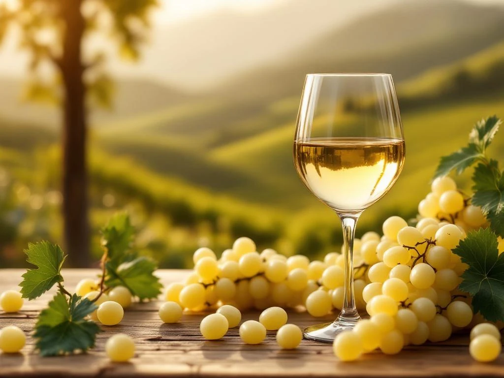 Elegante witte wijnglazen gevuld met gouden wijn op rustieke houten tafel met druiven en wijngaard achtergrond