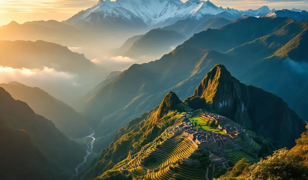 Luchtfoto van Zuid-Amerika toont Andes-bergen, Amazone-regenwoud, wijngaarden en Machu Picchu ruïnes bij gouden uurtje