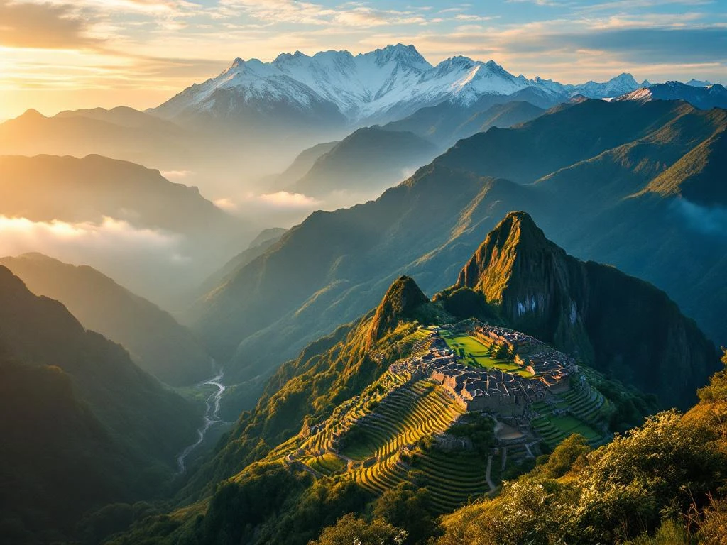 Luchtfoto van Zuid-Amerika toont Andes-bergen, Amazone-regenwoud, wijngaarden en Machu Picchu ruïnes bij gouden uurtje