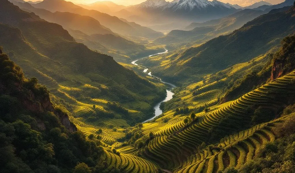 Luchtfoto van Zuid-Amerika met Andes gebergte, terrasvormige wijngaarden, Amazone rivier en regenwoud bij zonsondergang