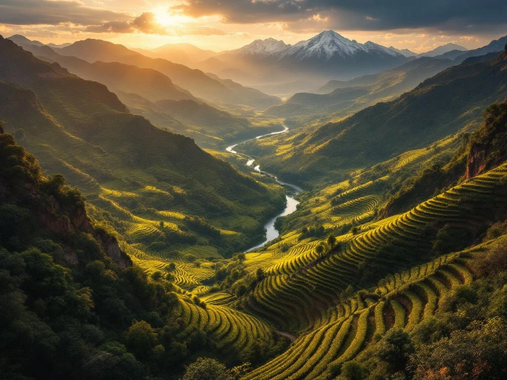 Luchtfoto van Zuid-Amerika met Andes gebergte, terrasvormige wijngaarden, Amazone rivier en regenwoud bij zonsondergang