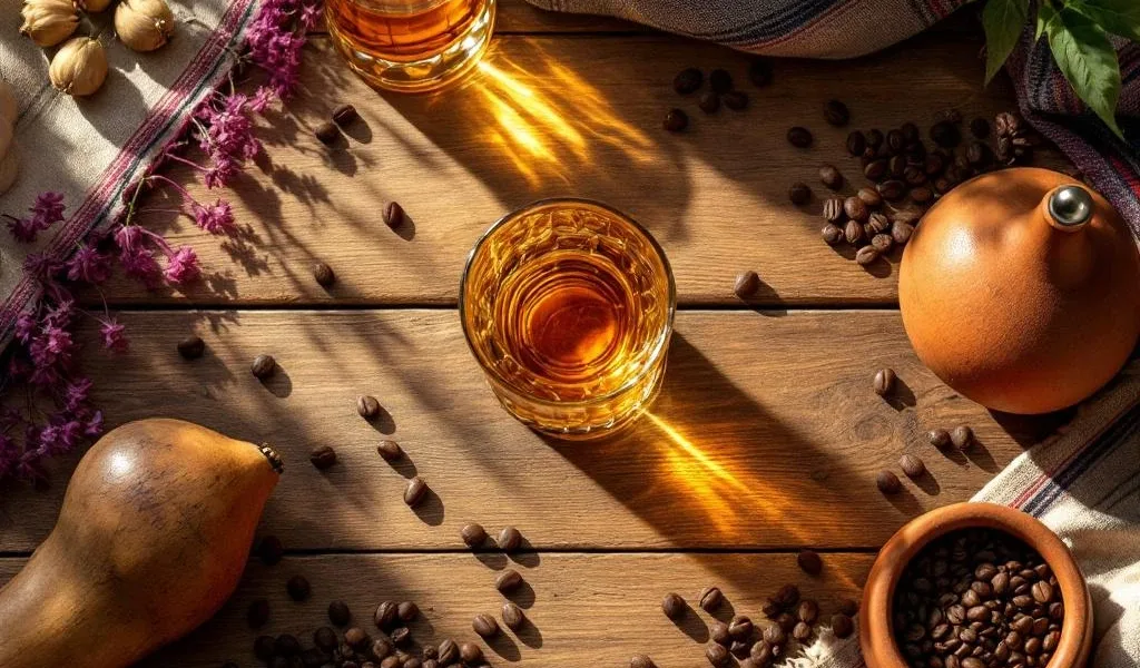 Traditionele Zuid-Amerikaanse dranken op houten tafel: pisco in kristalglas, mate kalebassen, koffiebonen en chicha morada