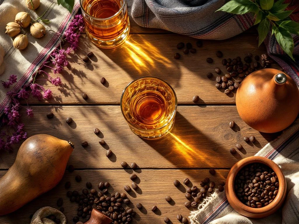 zuid-amerikaanse-dranken-pisco-mate-traditioneel.jpg Traditionele Zuid-Amerikaanse dranken op houten tafel: pisco in kristalglas, mate kalebassen, koffiebonen en chicha morada