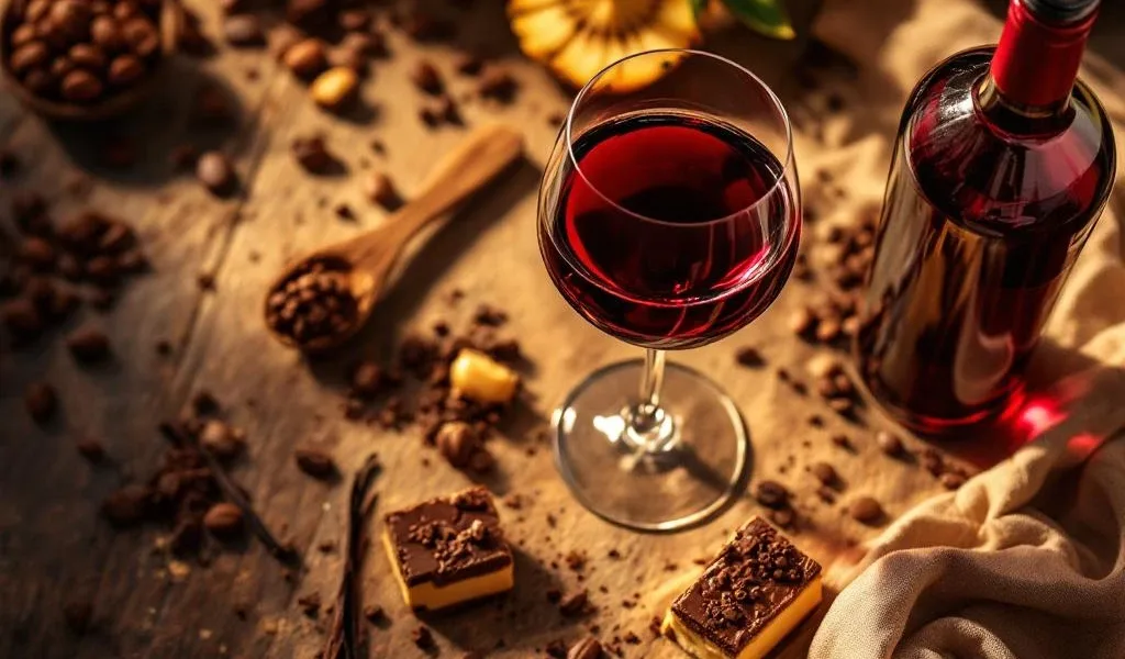 Glas Zuid-Amerikaanse rode wijn met chocoladedesserts en tropisch fruit op rustieke houten tafel met warme verlichting