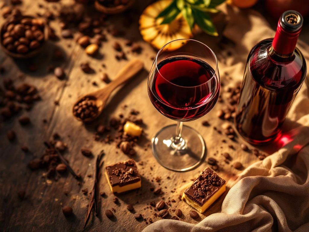 Glas Zuid-Amerikaanse rode wijn met chocoladedesserts en tropisch fruit op rustieke houten tafel met warme verlichting