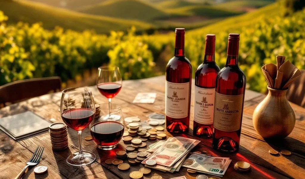 Luxe Zuid-Amerikaanse wijnflessen op houten tafel met geld en munten, wijngaard op achtergrond in gouden licht