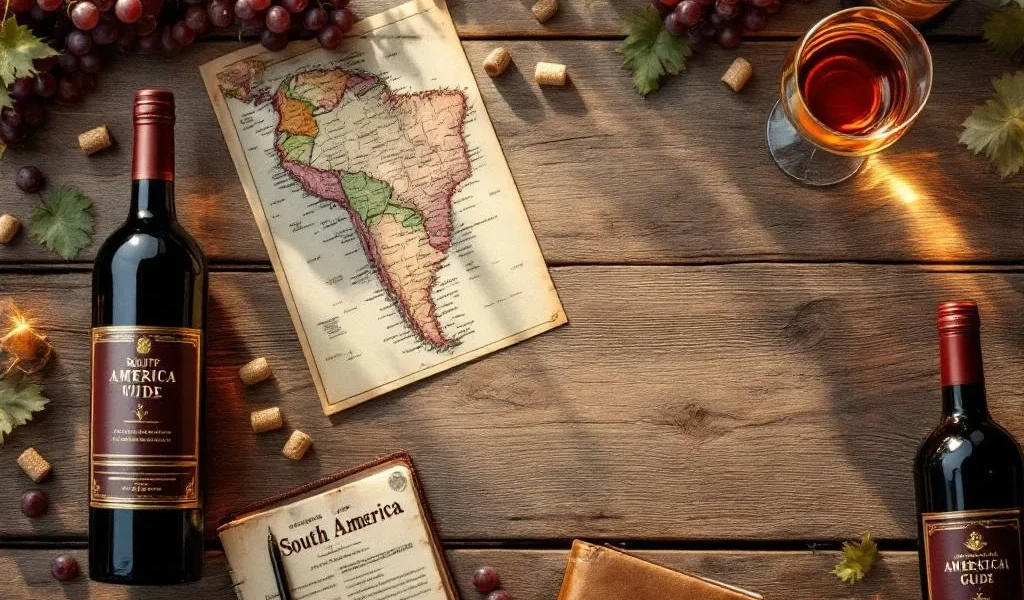 Wijnproeverij opstelling met Zuid-Amerikaanse wijnflessen, wijnjournal, kaart en proefnotities op rustiek hout