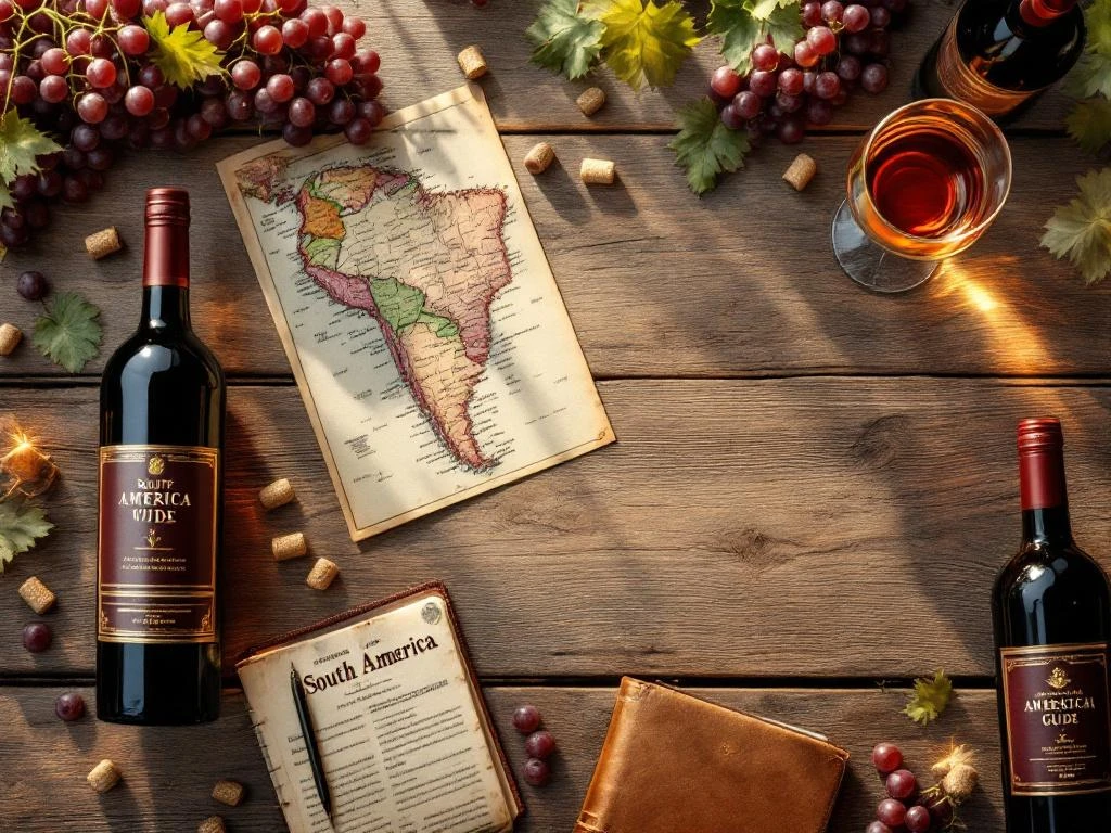 Wijnproeverij opstelling met Zuid-Amerikaanse wijnflessen, wijnjournal, kaart en proefnotities op rustiek hout