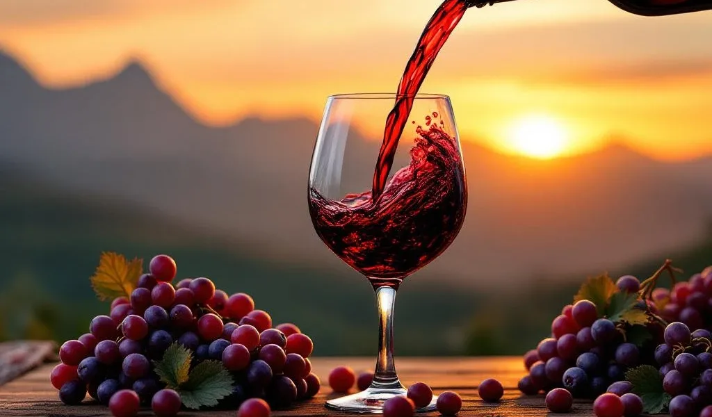 Rode wijn wordt geschonken in elegant glas met Andes-bergen op achtergrond, druiven en rustieke houten tafel