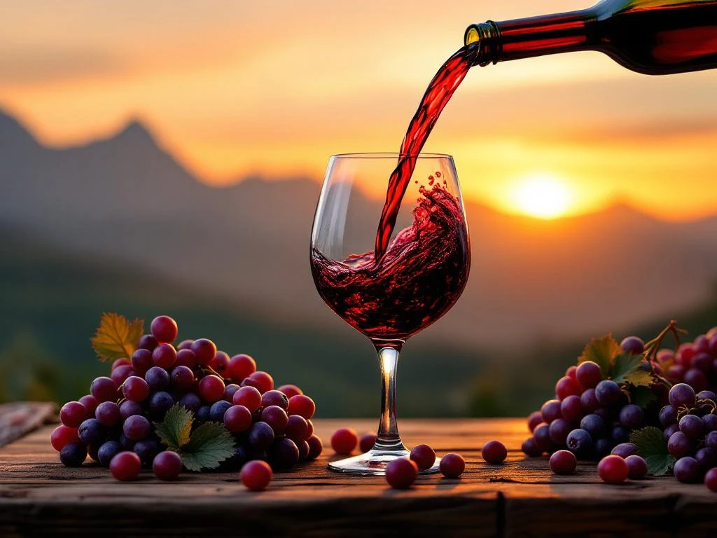 Rode wijn wordt geschonken in elegant glas met Andes-bergen op achtergrond, druiven en rustieke houten tafel