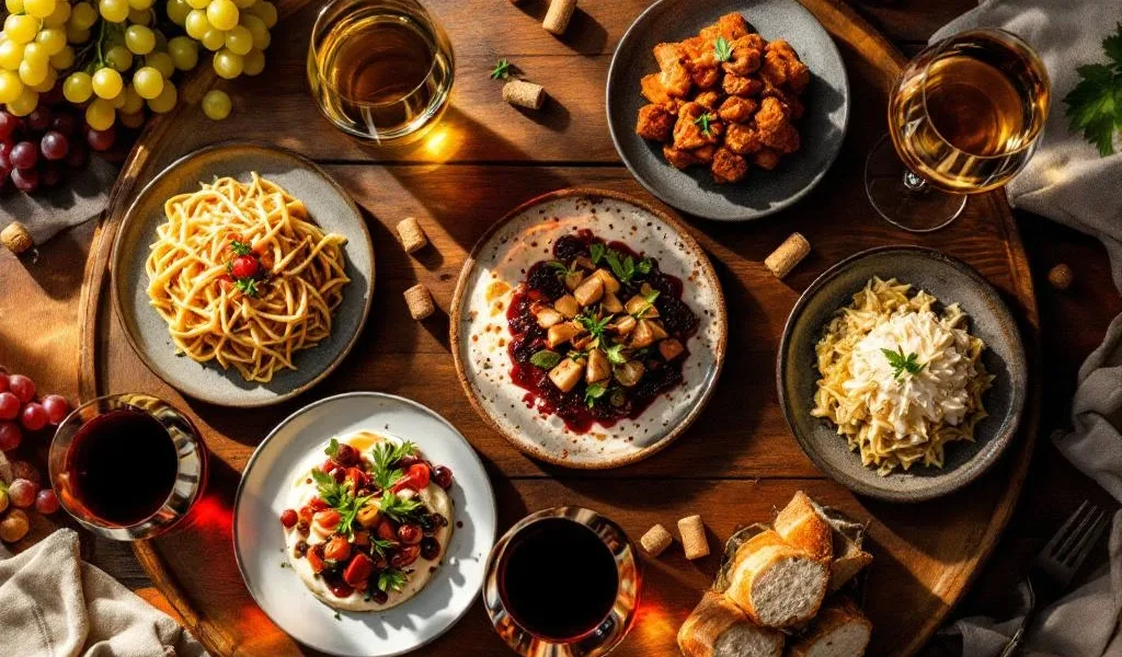 Zeven gourmet gerechten in cirkel gerangschikt met Zuid-Amerikaanse wijnen op rustieke houten tafel, bovenaanzicht