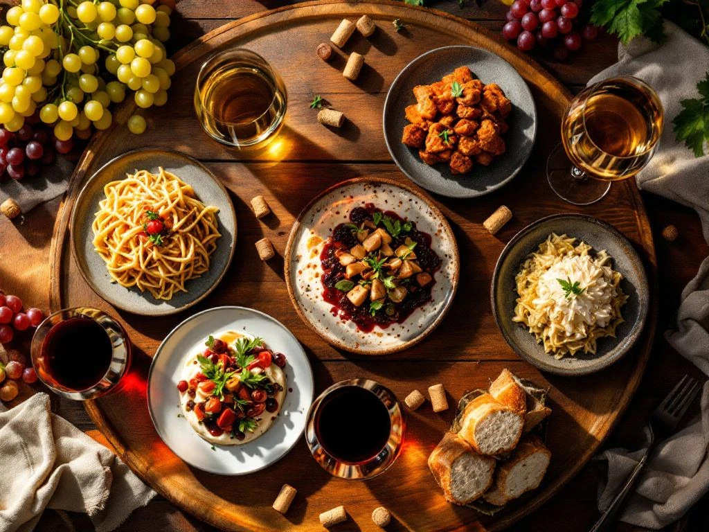 Zeven gourmet gerechten in cirkel gerangschikt met Zuid-Amerikaanse wijnen op rustieke houten tafel, bovenaanzicht