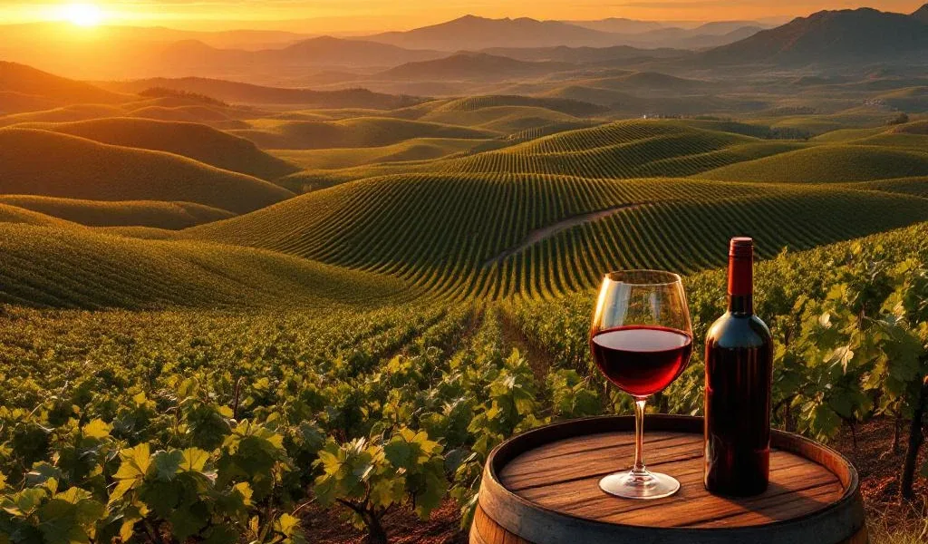 Luchtfoto van uitgestrekte Zuid-Amerikaanse wijngaarden met wijnflessen op houten vaten en wijnglas bij zonsondergang