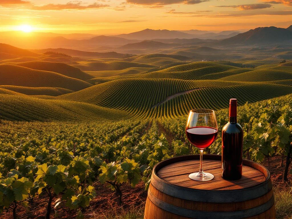 Luchtfoto van uitgestrekte Zuid-Amerikaanse wijngaarden met wijnflessen op houten vaten en wijnglas bij zonsondergang