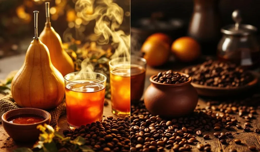 Vergelijking Zuid-Amerikaanse traditionele dranken versus koffie met mate kalebassen, chicha morada en koffiebonen