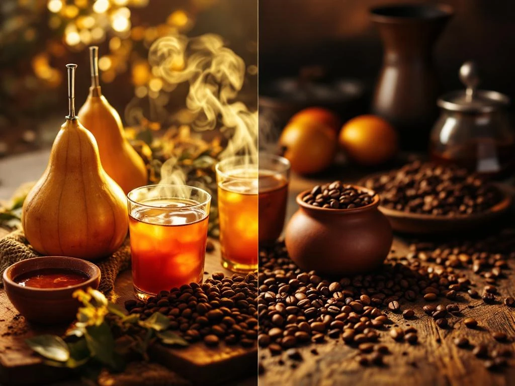 Vergelijking Zuid-Amerikaanse traditionele dranken versus koffie met mate kalebassen, chicha morada en koffiebonen