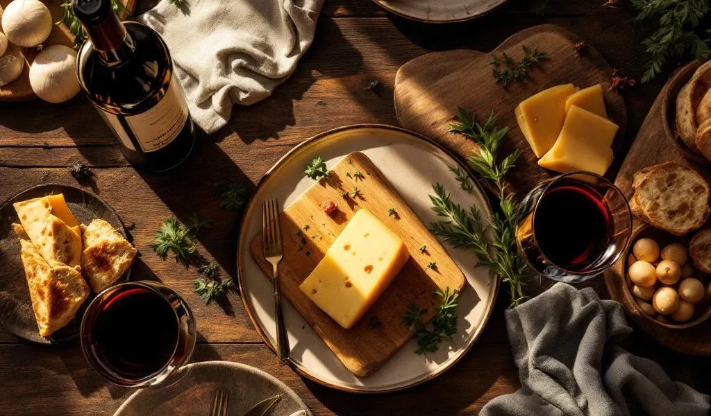 Overhead shot van rode Zuid-Amerikaanse wijn met Nederlandse Goudse kaas, kruiden en brood op houten tafel