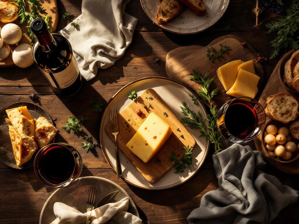Overhead shot van rode Zuid-Amerikaanse wijn met Nederlandse Goudse kaas, kruiden en brood op houten tafel