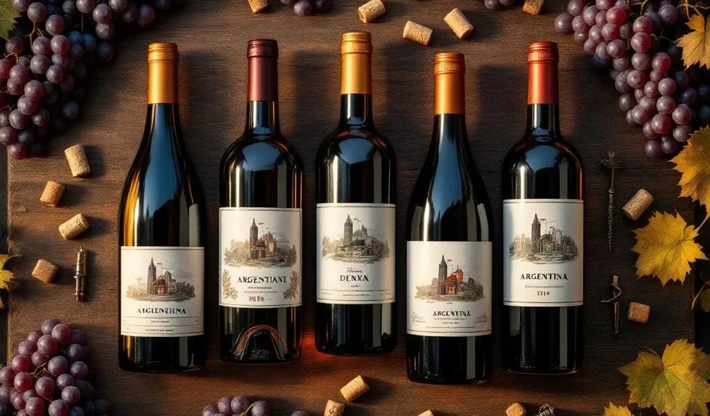 Vijf Argentijnse wijnflessen op rustieke houten tafel met druiventrossen, kurken en wijnopener in warm licht