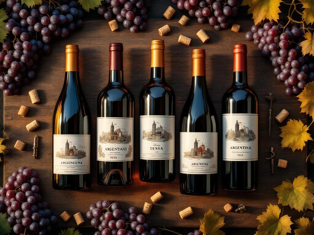 Vijf Argentijnse wijnflessen op rustieke houten tafel met druiventrossen, kurken en wijnopener in warm licht