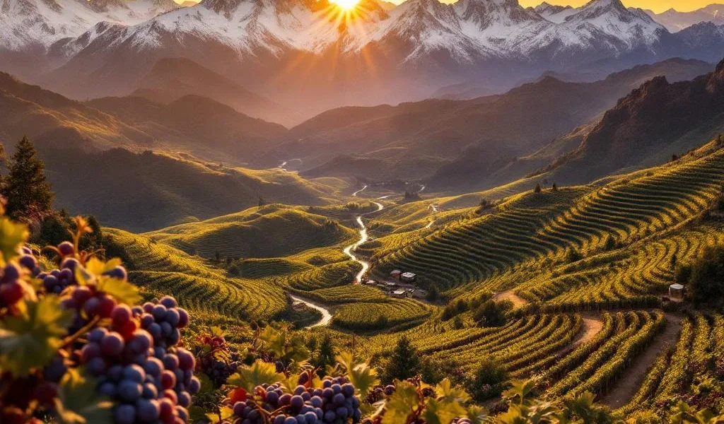 Argentijnse Malbec-wijngaarden op Andes-berghellingen tijdens gouden uur met druiventrossen en wijnvat op voorgrond