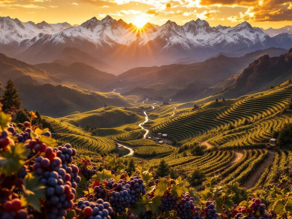 Argentijnse Malbec-wijngaarden op Andes-berghellingen tijdens gouden uur met druiventrossen en wijnvat op voorgrond