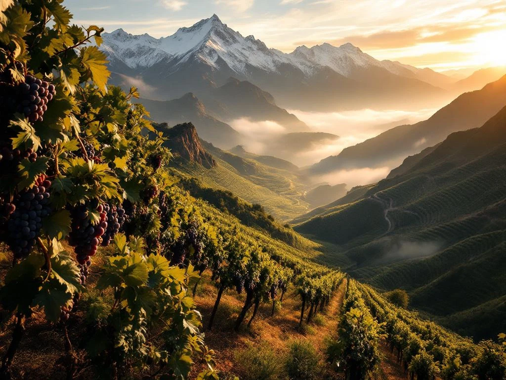 Terrasvormige wijngaarden op steile Argentijnse berghellingen bij zonsopgang met besneeuwde Andes op de achtergrond