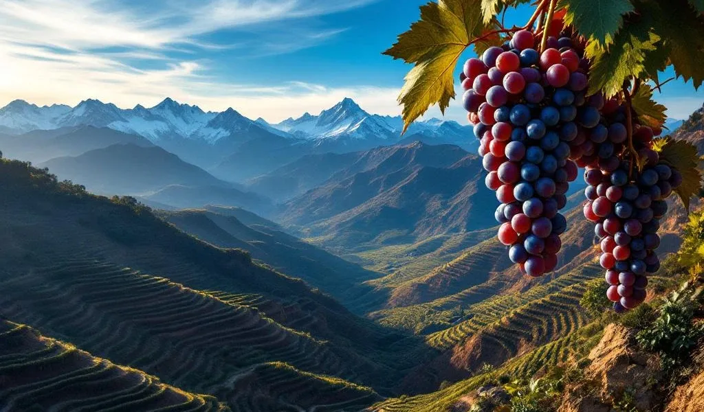 Terrasvormige wijngaarden in Argentijnse Andes met druiventrossen, bergtoppen en gouden zonsonderganglicht