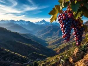 Terrasvormige wijngaarden in Argentijnse Andes met druiventrossen, bergtoppen en gouden zonsonderganglicht