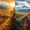 Splitscreen vergelijking van Mendoza wijngaarden met Andes bergen links en mistige Patagonische wijngaarden rechts