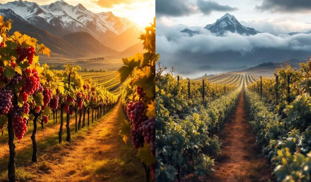 Splitscreen vergelijking van Mendoza wijngaarden met Andes bergen links en mistige Patagonische wijngaarden rechts