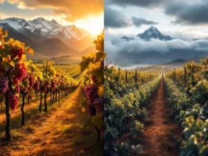argentijnse-wijngaarden-mendoza-patagonië-vergelijking.jpg Splitscreen vergelijking van Mendoza wijngaarden met Andes bergen links en mistige Patagonische wijngaarden rechts